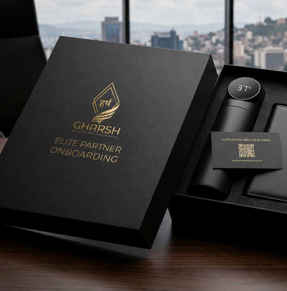 Black gift box with branded items on a wooden table with a cityscape in the background gharsh.com